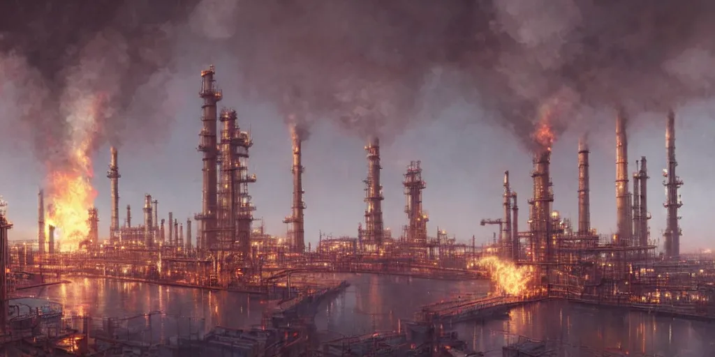 Image similar to detailed, gigantic refinery, smoke, torch, morning, science fiction, greg rutkowski, james gurney, artstation