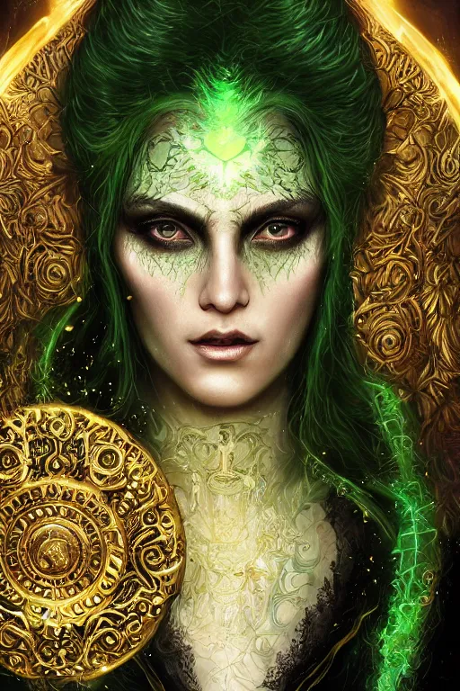 Prompt: a fantasy art close - up portrait of a hauntingly beautiful sorceress wearing a black robe with gold embroidery, casting a spell, green glows, painted by artgerm and tom bagshaw, highly detailed digital art