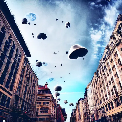 Prompt: A huge alien ship covers the whole sky, people in the city are looking up, a photo from the bottom up, street photo, high quality photos