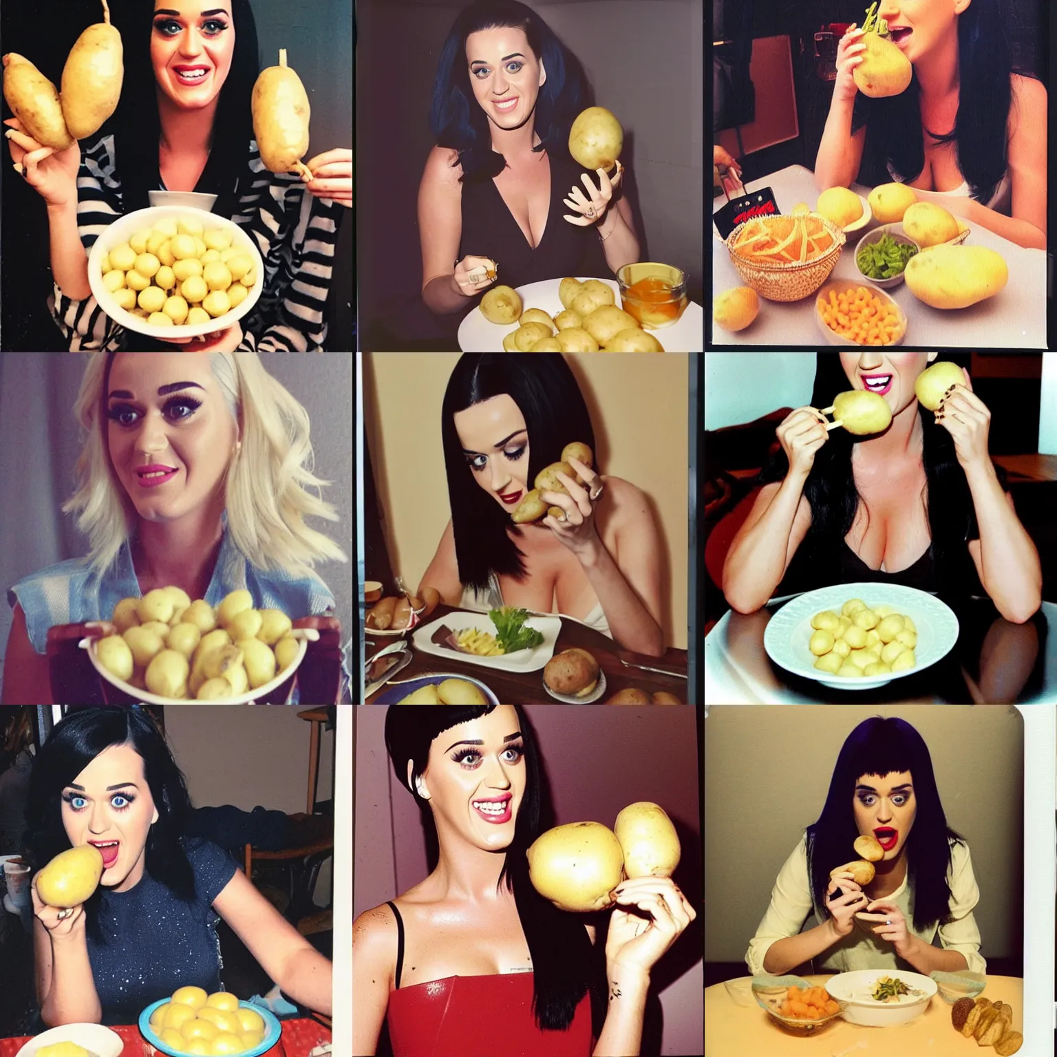 Prompt: katy perry eating raw potatoes, polaroid photo