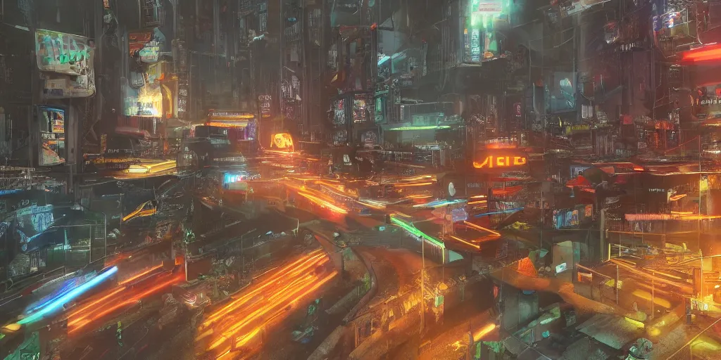 Image similar to a 3 d rendered in unreal engine guatemalan cyberpunk city with neon ads and signs with evocative dramatic mood with blade runner vibe with cars with motion blur with depth of field with bloom with lightshaft with volumetric lights, fog, by scott robertson, oscar winning graphics, photo realistic, bloom, imax, dynamic lighting, artstation,