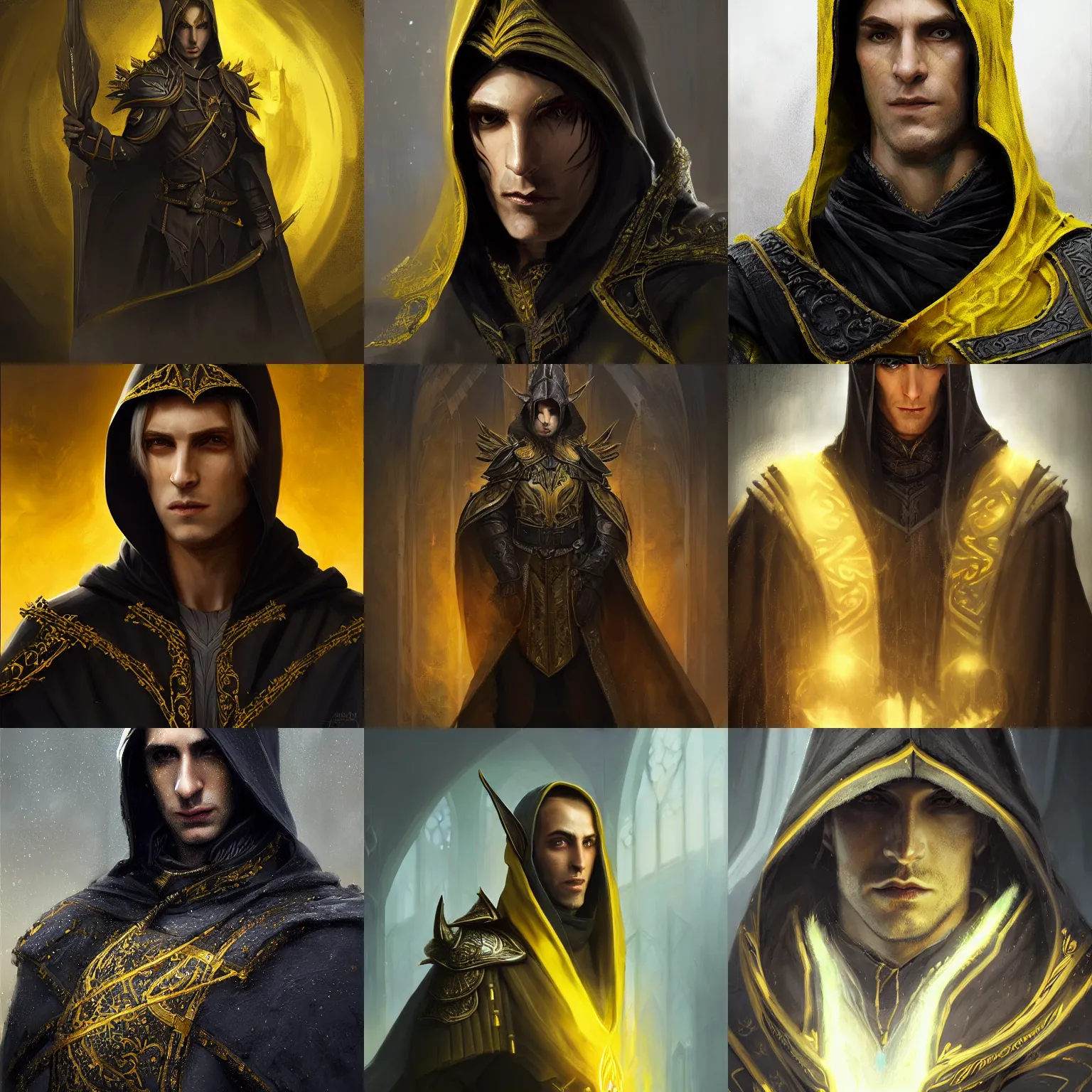 Prompt: portrait of a mysterious and cunning male high elf inquisitorial agent wearing a black hooded agent's cloak with yellow religious filigree, by Raymond Swanland Greg Rutkowski Lise Deharm, intricate, masterpiece, sharp, digital art, ArtStation, CGStation, 8k