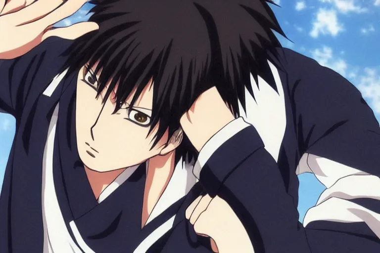 Image similar to A handsome man，Black short hair, blue eyes, Hijikata Toushirou of Gintama,Kyoto Animation