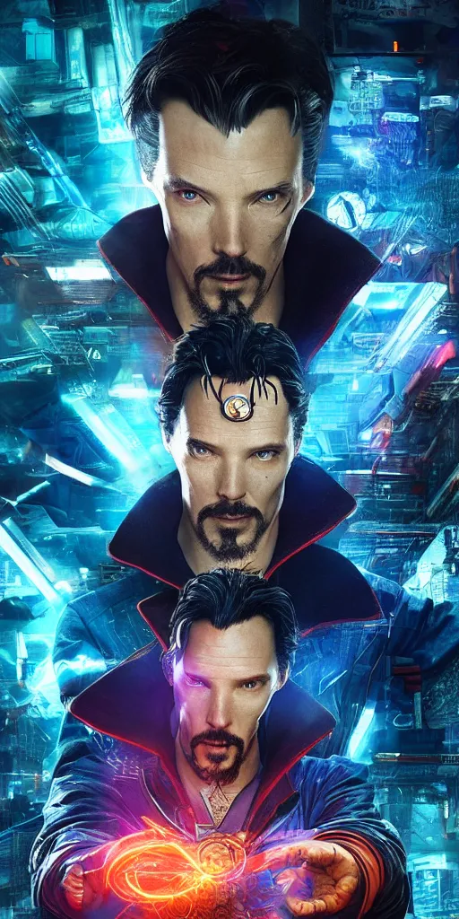 Image similar to cyberpunk, dr strange, photograph, cyborg, robot,, cinematic,