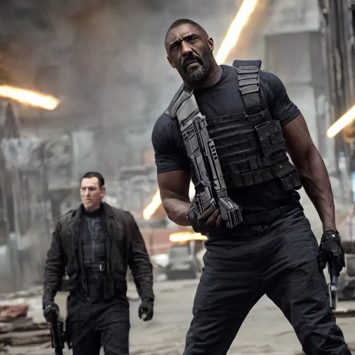 Image similar to film still of Idris Elba as Punisher in new Marvel film, photorealistic 4k