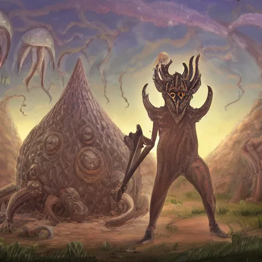 Image similar to a village built on the god of nyarlathotep, toad - like creatures that seemed to change their shape and appearance constantly, and from which emanated, in some way that i am unable to distinguish, a horrible hooting, a kind of flute. oil painting, digital art, ultradetailed, artstation