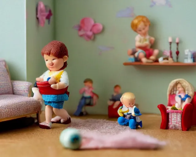 Prompt: giant baby in a small fairy living room tilt shift