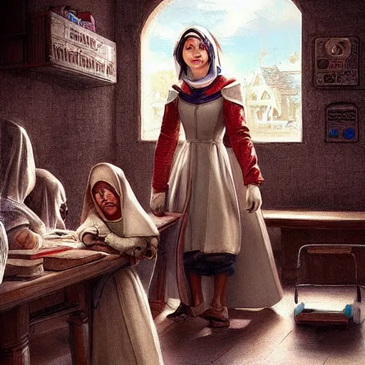 Image similar to “ medieval nurse attending kids in the doctor ’ s office, fantasy, artwork, digital art, intricate, stanley artgerm lau ”