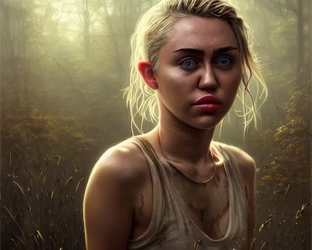 Image similar to highly detailed portrait of miley cyrus, in the walking dead, stephen bliss, unreal engine, fantasy art by greg rutkowski, loish, rhads, ferdinand knab, makoto shinkai and lois van baarle, ilya kuvshinov, rossdraws, tom bagshaw, global illumination, radiant light, detailed and intricate environment