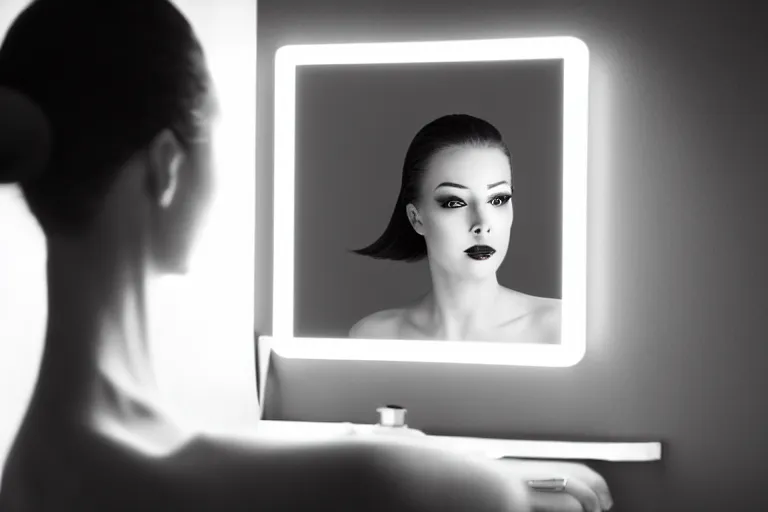 Image similar to beautiful female android, putting on makeup in front of a bathroom mirror, cinematic black and white movie still