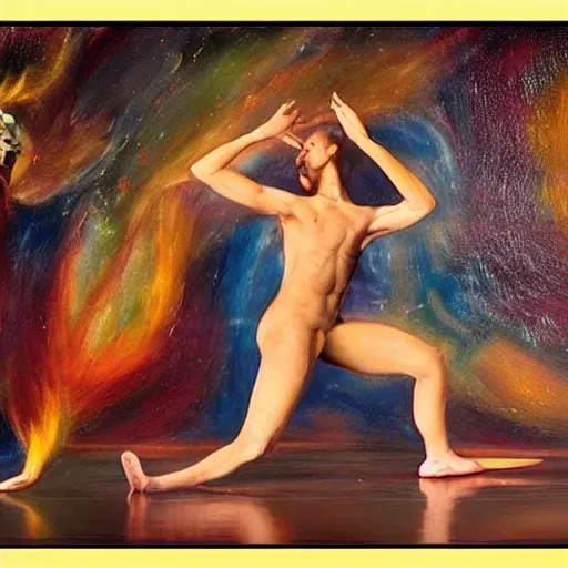 Image similar to a strange dancer attempts to recreate the birth of the universe through pure movement, expressionistic masterpiece painting, beautiful brush strokes, advanced lighting technology, realistic faces and anatomy yet stylized