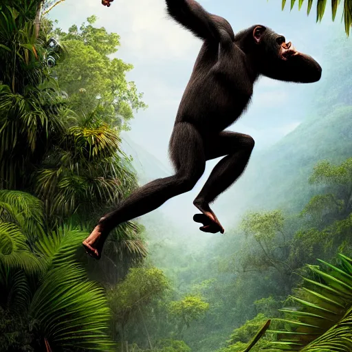 Image similar to Angry Chimpanzee Jumping, Epic Jump, Cinematic Photo, Cinematic Shot, Jungle, Foliage Boris Vallejo, Epic, 8k resolution, ArtStation, Hyperrealistic