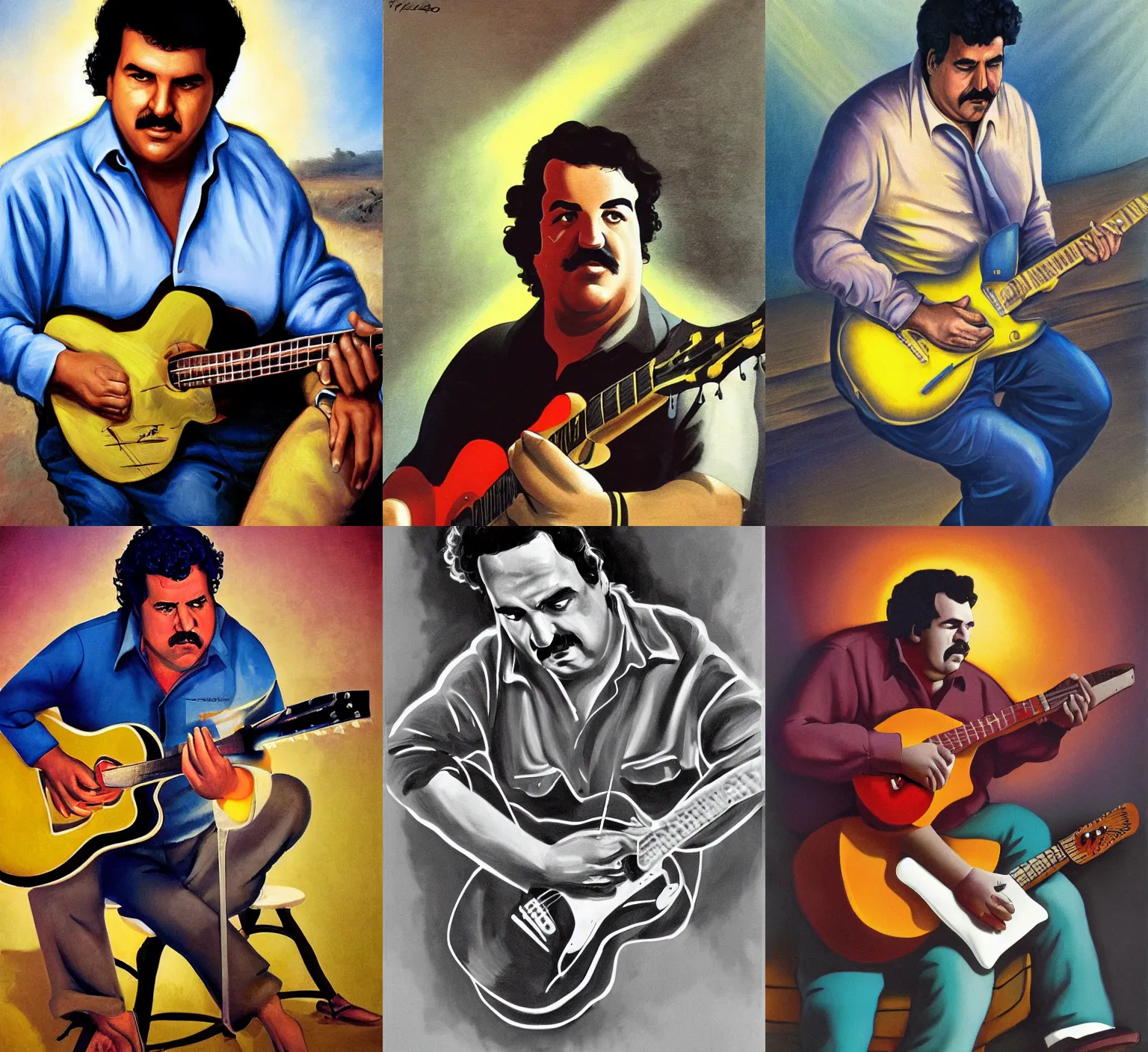 Prompt: Portrait of Pablo Escobar playing guitar, by John Philip Falter and John Kricfalusi - Volumetric light