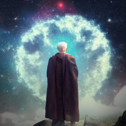 Prompt: a divine old man looking out over the universe, solemn, melancholy, trending on artstation, beautiful matte painting