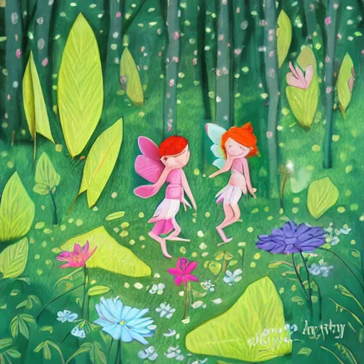 Image similar to tiny fairies playing hide and seek in a beautiful forest, green, colourful, playful, fine art, illustration