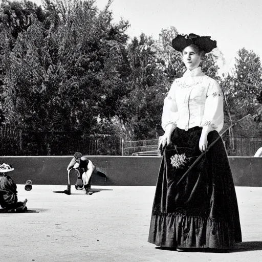 Prompt: a victorian woman at a skatepark