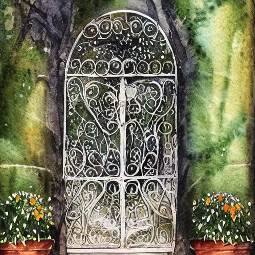 Prompt: delicate, chairs, garden, paved, botanic watercolors, iridescent, 8 k, realistic shaded, fine details, artstation, italian, iron gate, tree, mediterranean, marvelous