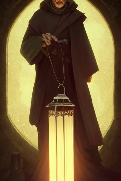 Prompt: male senior cleric holding a lantern in a cemetery, highly detailed, digital painting, artstation, concept art, smooth, sharp focus, illustration, art by artgerm and greg rutkowski and alphonse mucha and andrei riabovitchev