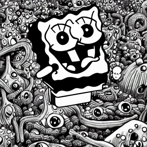 Image similar to SpongeBob, junji ito manga,black and white, Digital art