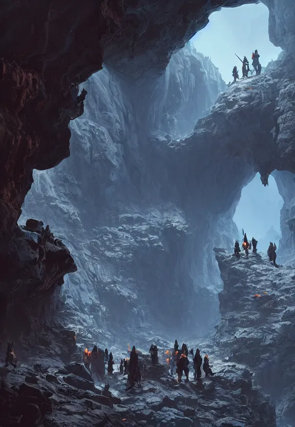 Prompt: a small party of adventurers exploring a claustrophobic dark blue canyon of stone, oil painting, greg rutkowski, unreal engine, octane render, highly detailed