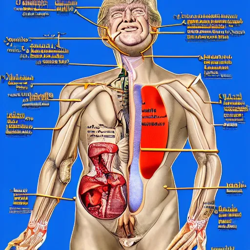 Image similar to scientific medical anatomy of Donald Trump, wearing adult diapers, different styles of art, very detailed, technical drawing,