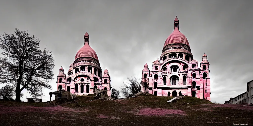 Image similar to abandoned post-apocalyptic Basilica of Sacré Coeur de Montmartre, toxic orange and pink mist rises from the ground and contrasts the white exterior, dark gray skies, stark contrasting lighting, a two-headed mutated deer-like creature looks on in the distance from the sparse twisted silhouetted foliage, a highly detailed colorful matte painting by Zdzislaw Beksinski and Mikko Lagerstedt, featured on Artstation, Unreal Render, 8k HDR