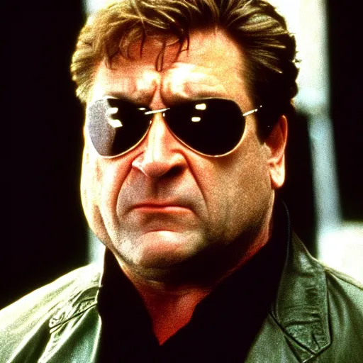 Prompt: john goodman as neo in the matrix movie, realizing he's in the matrix