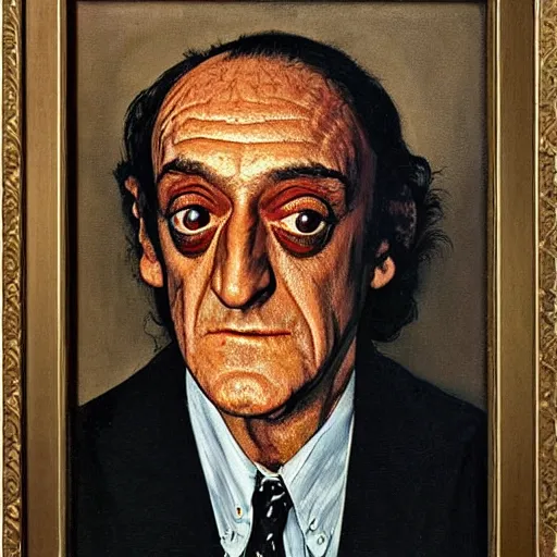 Image similar to a portrait painting of Marty Feldman. Painted by Norman Rockwell