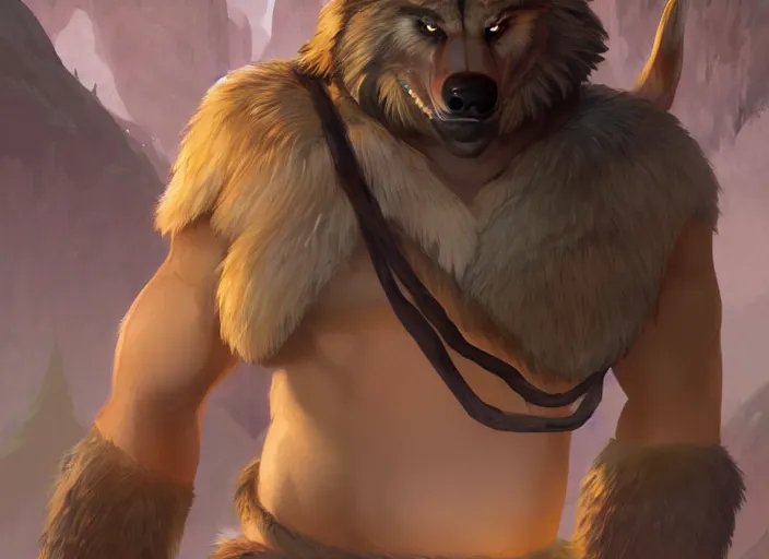 Prompt: burly tough character feature portrait of the anthro male anthropomorphic wolf fursona animal person wearing tribal primitive caveman loincloth outfit belt standing in the entrance to the cave, center framed character design stylized by charlie bowater, ross tran, artgerm, makoto shinkai, detailed, soft lighting, rendered in octane