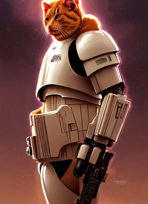 Image similar to a fat ginger cat in stormtrooper armour, star wars, beautiful glowing lights, sci - fi, stunning, intricate, elegant. highly detailed, digital painting. artstation. smooth. sharp focus. illustration. art by artgerm and greg rutkowski and alphonse mucha