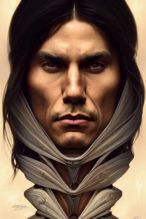 Image similar to symmetry!! portrait of zahn mcclarnon, machine parts embedded into face, intricate, elegant, highly detailed, digital painting, artstation, concept art, smooth, sharp focus, illustration, art by artgerm and greg rutkowski and alphonse mucha, 8 k