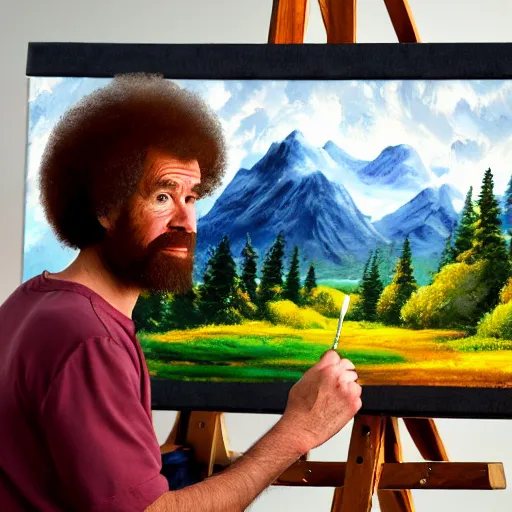 Image similar to a closeup photorealistic photograph of bob ross working on a canvas painting of elmo. film still. brightly lit scene. mountains and trees. this 4 k hd image is trending on artstation, featured on behance, well - rendered, extra crisp, features intricate detail, epic composition and the style of unreal engine.