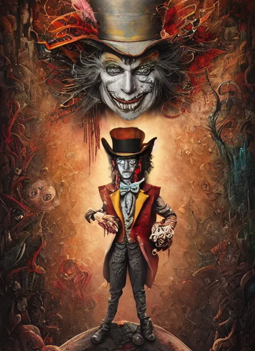 Image similar to mad hatter, aztec god, highly detailed, cinematic, 8 k, by megan duncanson, benjamin lacombe, adrian borda, stanley artgermm, tom bagshaw, craig mullins, carne griffiths, ayami kojima, beksinski, giger, trending on deviantart, hyper detailed, horror, full of colour