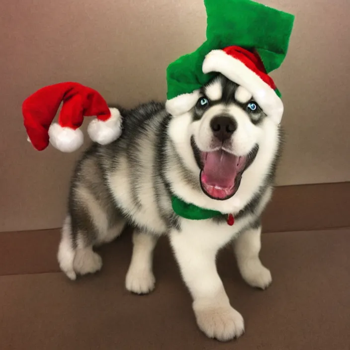 Image similar to cute husky puppy wearing a christmas hat by satoshi kon