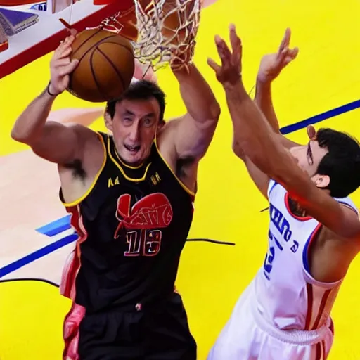 Image similar to jesus hermida blocking pedro piqueras in the nba finals.