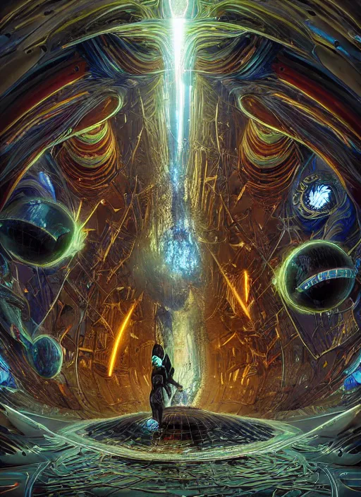 Image similar to the machine universe encounters a living cosmos inside an asymmetric orthogonal non - euclidean upside down inside out world with an infinite cosmic spiral waterfall of living information, inspired by android jones, hyperrealistic, digital art, futuristic sci - fi concept art, rendered in cinema 4 d, cryengine 4 k