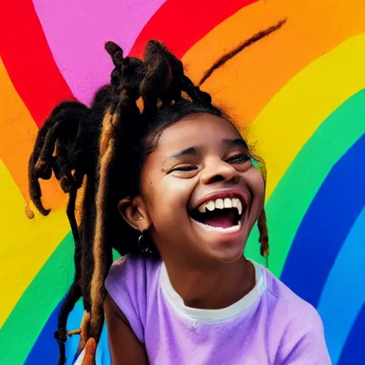 Prompt: photo of a little 👧🏾 girl with dreads eating ice cream smiling, sitting on top of a rainbow, 35mm photo, high quality, 4K, 8K, realistic, perfect eyes, perfect face, beautiful, detailed, 8k resolution, Kodak 35mm