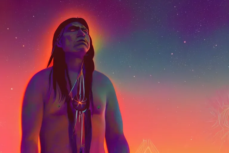 Image similar to photograph of a spiritual native american man looking up at the stars, art, universe, blender, pastel colors, synthwave, retro, cyberpunk,