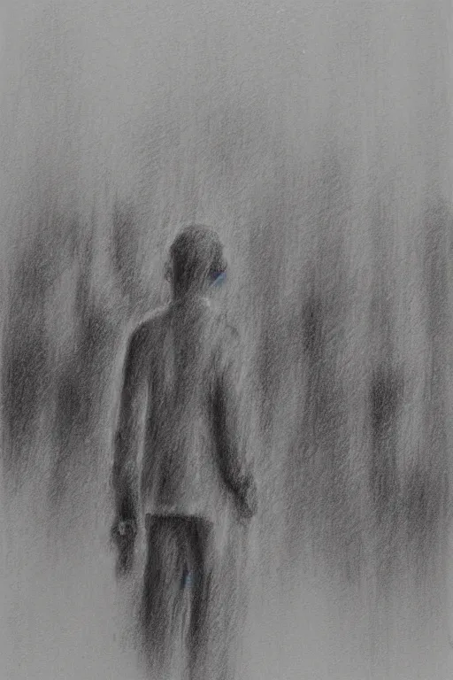 Prompt: a painted sad man standing in the rain with a crowd bustling around him. pencil sketch.