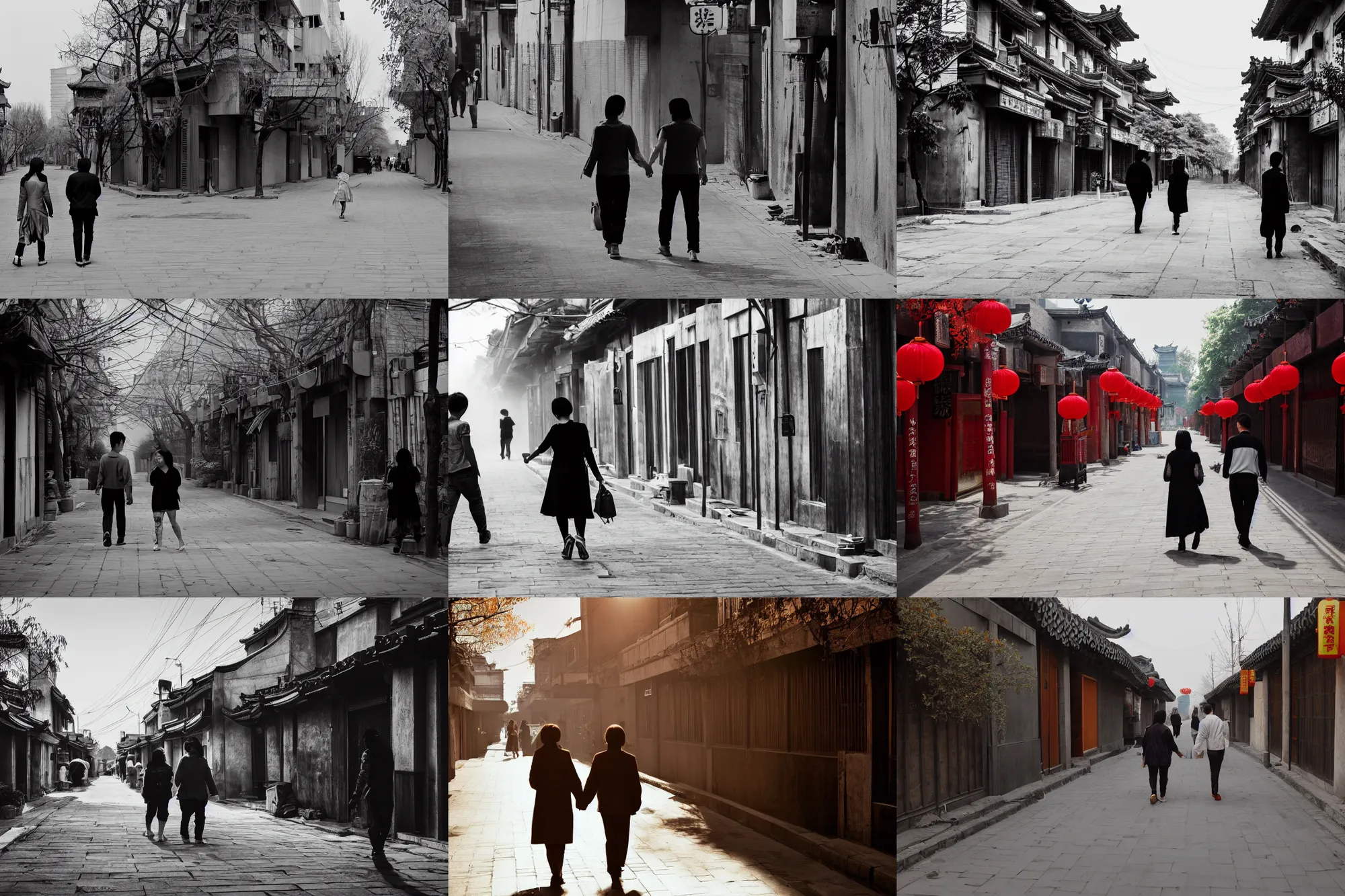 Prompt: A photograph of Two lovers walking on empty street in Beijing Hutong , golden time, capture ,quiet, joy, moving, warmth, light and shadow.