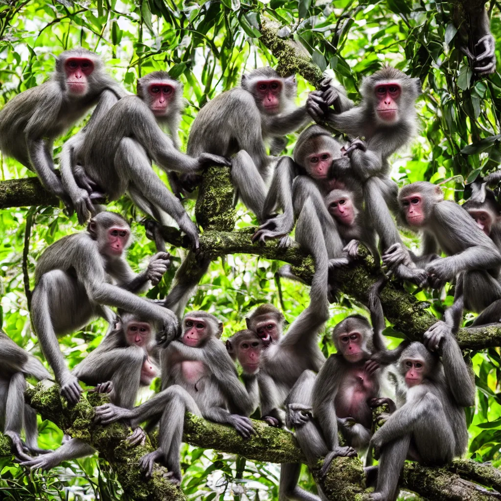 Image similar to a bunch of monkeys having a party in the jungle , 8k , 4k , professional photography, award winning photo