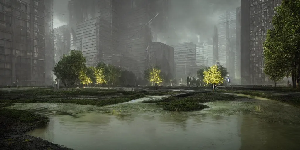 Image similar to soviet brutalims huge green concrete orbs in city view by argerm and eddie mendoza, green glow, puddles of water, sunset, trees, dark, moody, volumetric lighting, dirty