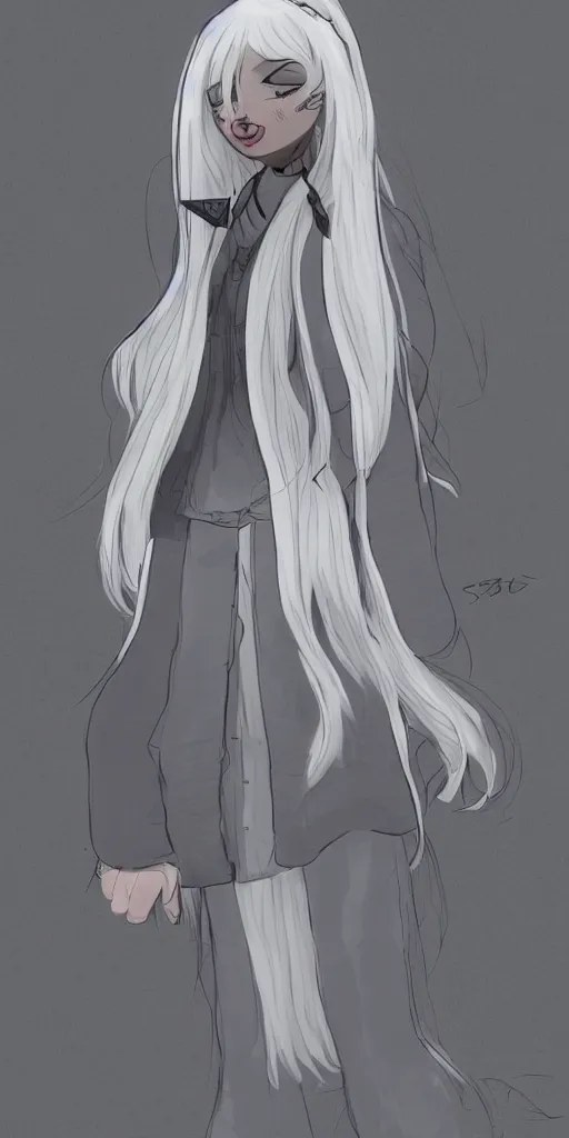 Prompt: concept art for a character called shirah. she has long pure white hair. she is a sassy, mean but nice teenage girl. her outfit is mostly white and gray too. detailed digital art
