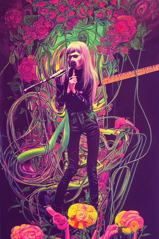 Image similar to the velvet underground and nico playing live on stage at a night club, unusual perspective with nico in the center, beautiful stage decoration with flowers in the background, painting by james jean, very detailed and colorful and toned down and ornamental and moody and cool and relaxed and high on drugs, trending on artstation, behance contest winner