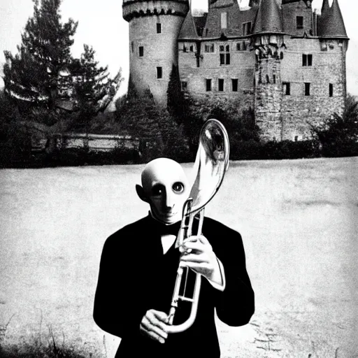 Image similar to vintage photograph of count orlok outside his castle, playing trombone, castle in the background, 4 k