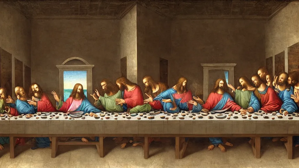 Image similar to the last supper by da vinci but jesus and his disciples are all dabbing