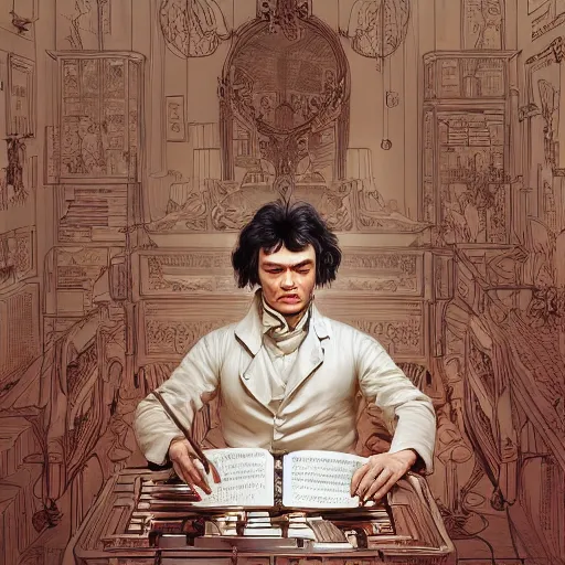 Image similar to beethoven playing piano, graceful, elegant, and sophisticated young chinese model dressed as a bulb of garlic, an ultrafine detailed illustration by james jean, intricate linework, bright colors, final fantasy, behance contest winner, vanitas, angular, altermodern, unreal engine 5 highly rendered, global illumination, radiant light, detailed and intricate environment