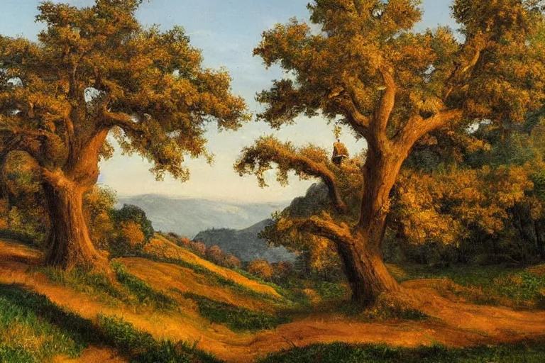 Image similar to masterpiece painting of oak trees on a hillside overlooking a creek, by harold elliott