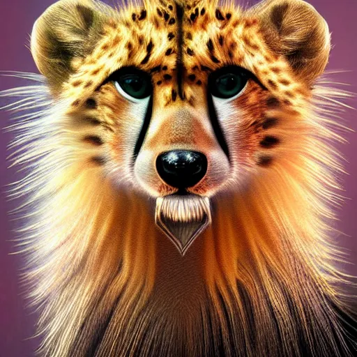 Image similar to cute fluffy baby cheetah with long flowing lion mane with mohawk hairstyle hybrid animal detailed painting 4 k