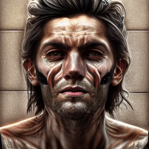Prompt: Portrait of a man, face with pavement cracks. fantasy, realistic, intricate, highly detailed, digital painting, trending on artstation, sharp focus, illustration, style of Stanley Artgerm